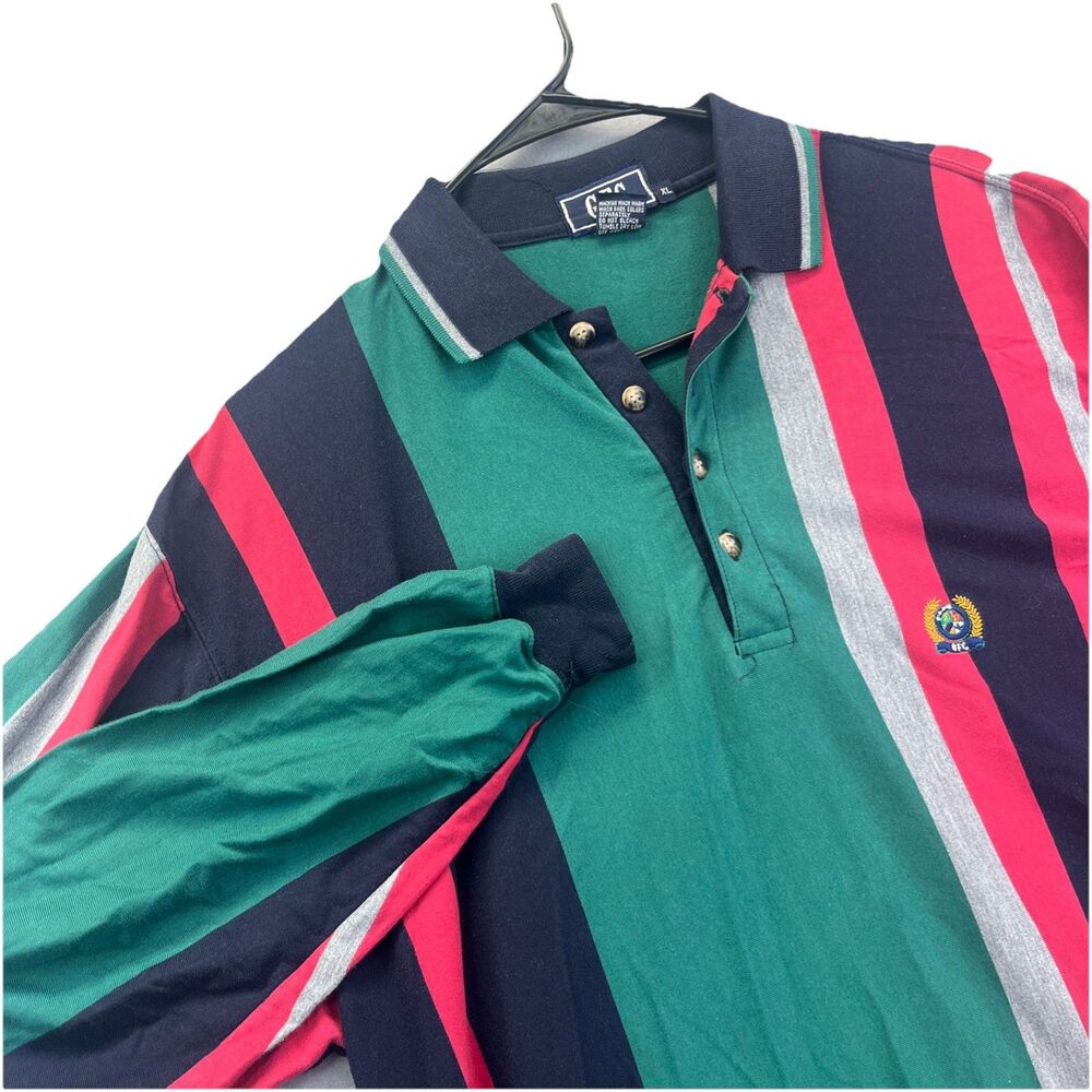 GFC Shirt Mens XL Long Sleeve Polo Multicolor Striped Embroidery Logo Vintage